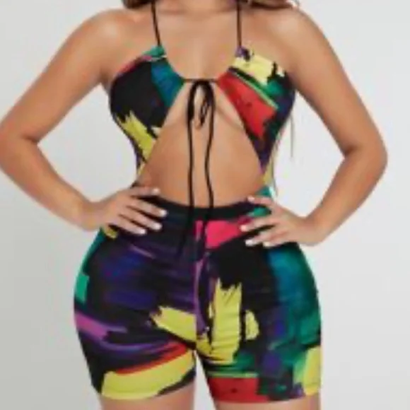 COLOUR BLOCK TIE FRONT ROMPER - Picture 1 of 3